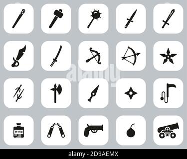 Old Weapons Or Ancient Weapons Icons Black & White Flat Design Set Big Stock Vector