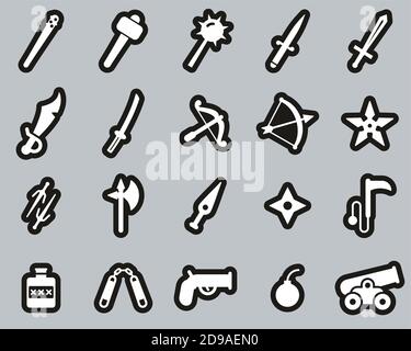 Old Weapons Or Ancient Weapons Icons White On Black Sticker Set Big Stock Vector