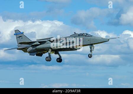 SEPECAT Jaguar GR3A in flight over RAF Lossiemouth now based at RAF Cosford at the RAF Engineering school in England UK. Stock Photo