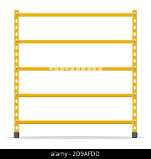 Metal yellow standing rack. Empty metallic storage shelves isolated on white. Warehouse equipment and tools. Logistic and delivery, store interior parts. Cartoon flat vector illustration Stock Vector
