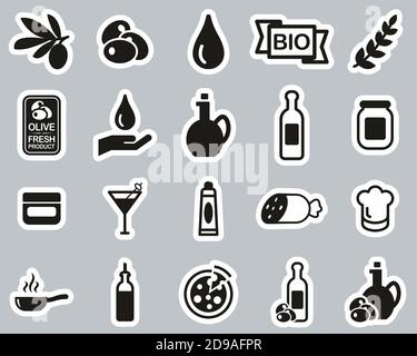 Olive & Olive Oil Icons Black & White Sticker Set Big Stock Vector
