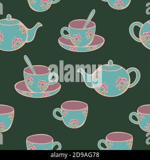 Vector seamless pattern of tea service parts decorated with flower design on dark green background. Design for teas shop or café. Stock Vector