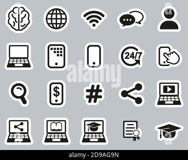 Online Education Icons Black & White Sticker Set Big Stock Vector