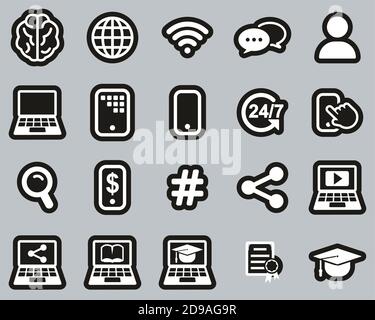 Online Education Icons White On Black Sticker Set Big Stock Vector