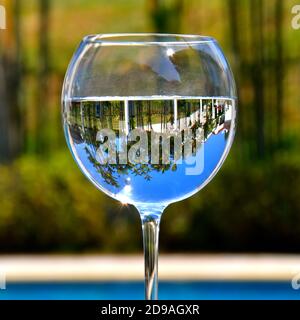 An inverted image of tropical palm trees seen in a wine glass isolated against a blurred background of greenery and water. Stock Photo