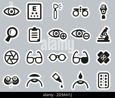 Optometry Exam & Optometry Equipment Icons Black & White Sticker Set Big Stock Vector