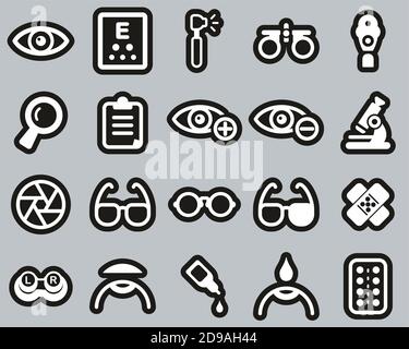 Optometry Exam & Optometry Equipment Icons White On Black Sticker Set Big Stock Vector