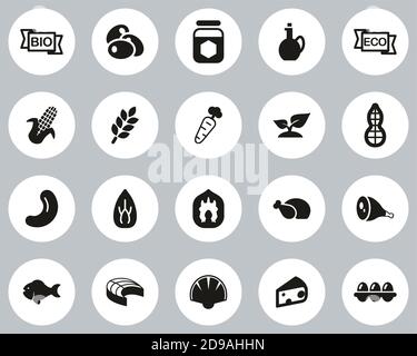 Organic Food Icons Black & White Flat Design Circle Set Big Stock Vector