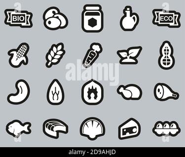 Organic Food Icons White On Black Sticker Set Big Stock Vector