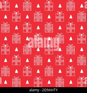Christmas vector seamless pattern with gift boxes and Christmas tree on red background. New year vector design. Wrapping paper for Christmas gift Stock Vector