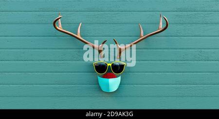 Hippie style reindeer with fluffy nose, big yellow sunglasses and face mask, Christmas card template, distressed turquoise planks background, 3d Stock Photo