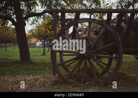 rustic vintage farm with an old chariot dray cart farm wagon in Freudental, South of Germany Stock Photo