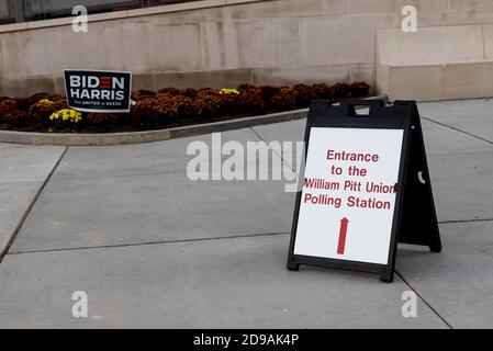 Pittsburgh, United States. 03rd Nov, 2020. University of Pittsburgh polling location sign with Biden/Harris sign.On the University of Pittsburgh campus many students organizing get out the vote campaigns through signs, stickers, and text messaging their friends during the United States Election Day. Credit: SOPA Images Limited/Alamy Live News Stock Photo