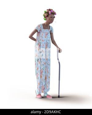 An eccentric senior woman, wearing a nightgown and hair curlers, with a walking cane and a cigarette in her mouth,  3d render. Stock Photo