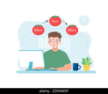 Man working with computer using time management. Pomodoro technique concept Stock Photo