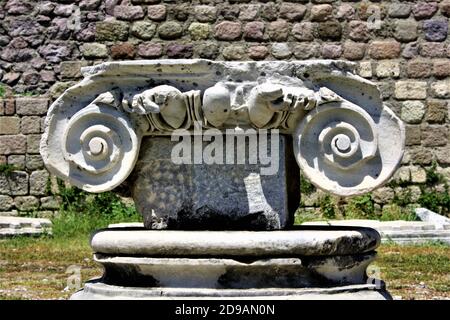 Theatre of The Asclepion of Pergamon Ancient City. Bergama, zmir, Turkey. Relics, Roman columns, gates during sunny day and blue sky. Stock Photo