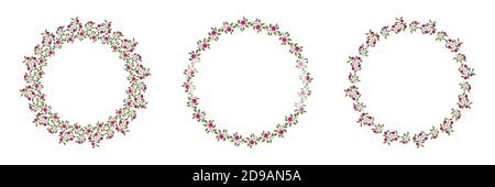 Set of floral wreaths, branches with leaves and bright magenta flowers on white. Vector illustration, design for poster, banner, invitation, book, fashion fabric, wrapping. Stock Vector