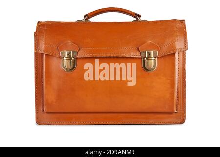 Aged and scratched business leather Hand Bag. View from front and isolated on white Stock Photo