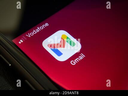 New Google Mail Logo on Smartphone Iphone Screen. KYIV, UKRAINE-NOVEMBER, 2020 Stock Photo