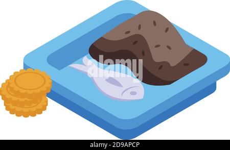 Lunch fish brown rice icon. Isometric of lunch fish brown rice vector icon for web design isolated on white background Stock Vector