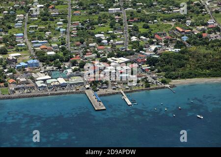 The Caribbean, St. Kitts and Nevis: aerial view of the bay and Charlestown marina on Nevis Island. Stock Photo