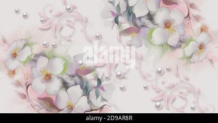 3d wallpaper texture,  blossoming apple-tree branches on watercolor paper Stock Photo