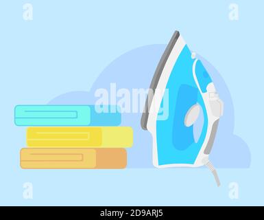Iron and linen. Ironing linen with steam generator. Functional modern electric iron and stack of folded shirts and T-shirts. Vector illustration Stock Vector