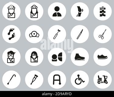 Orthopedic Exam & Orthopedic Equipment Icons Black & White Flat Design Circle Set Big Stock Vector