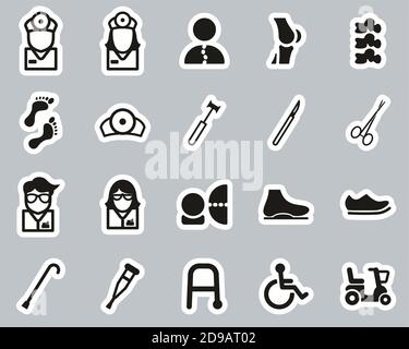 Orthopedic Exam & Orthopedic Equipment Icons Black & White Sticker Set Big Stock Vector