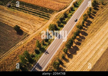 Aerial view of car on the road, driving through beautiful summer countryside landscape, drone photography