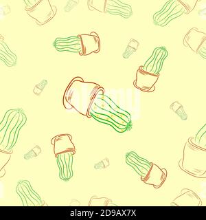Seamless pattern. Linear drawing of a cactus. Cactus in a pot. Houseplant. Gardening.Isolated. Vector Stock Vector