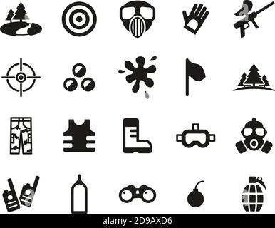 Paintball Game & Paintball Equipment Icons Black & White Set Big Stock Vector