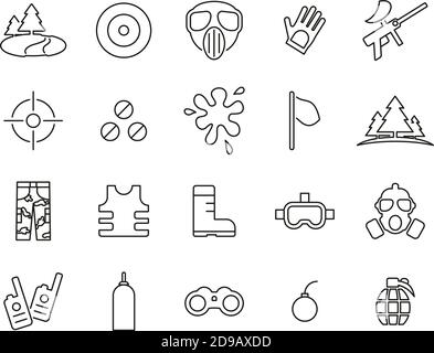 Paintball Game & Paintball Equipment Icons Black & White Thin Line Set Big Stock Vector