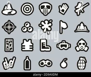 Paintball Game & Paintball Equipment Icons White On White Sticker Set Big Stock Vector