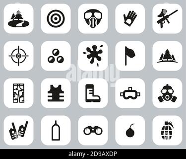 Paintball Game & Paintball Equipment Icons Black & White Flat Design Set Big Stock Vector