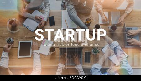 STARTUP, TAKE RISK OR LOSE CHANCE. Collage with colleagues working on new project together at conference table, top view Stock Photo
