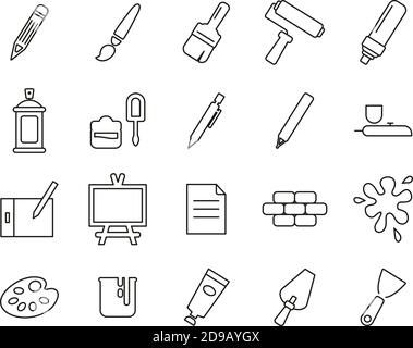 Painting & Art Equipment Icons Black & White Thin Line Set Big Stock Vector