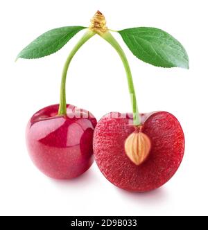 Isolated cherries. One whole cherry fruit and one cut in half with kernel isolated on white background Stock Photo