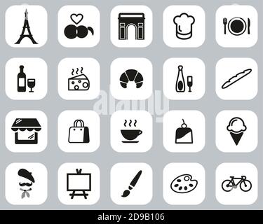 Paris City & Culture Icons Black & White Flat Design Set Big Stock Vector