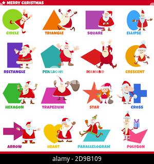 Educational cartoon illustration of geometric shapes with captions and funny Santa Claus Christmas characters for preschool and elementary age childre Stock Vector