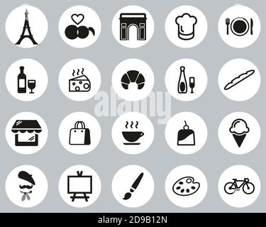 Paris City & Culture Icons Black & White Flat Design Circle Set Big Stock Vector