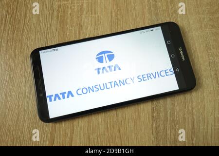 KONSKIE, POLAND - June 11, 2019: Tata Consultancy Services Limited company logo displayed on mobile phone Stock Photo