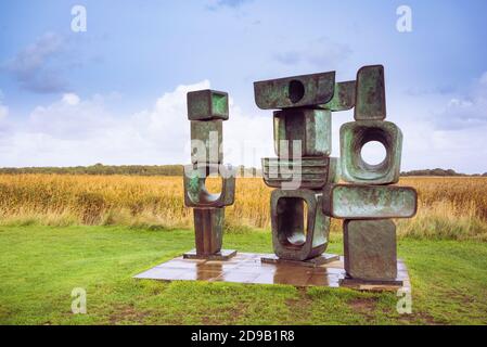 The Family of Man is an unfinished sculpture by Barbara Hepworth, created in the early 70s at Snape Matings in Suffolk, England, UK. Stock Photo