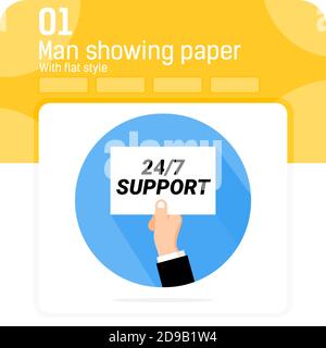24/7 support paper holding hand premiun icon with flat style isolated on white background. Vector illustration 24/7 support service sign symbol icon Stock Vector