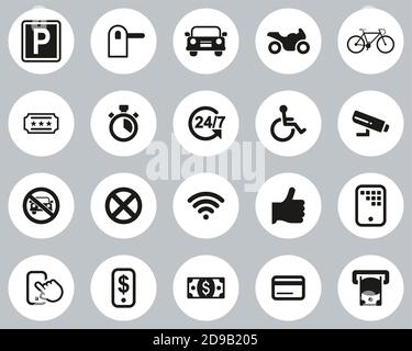 Parking Or Parking Lot Icons Black & White Flat Design Circle Set Big Stock Vector