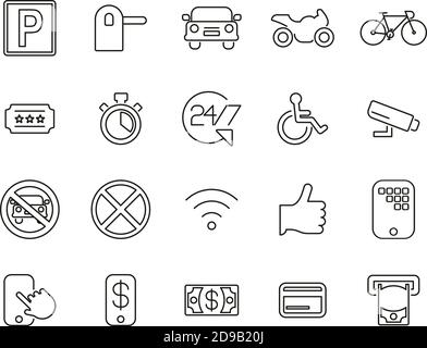 Parking Or Parking Lot Icons Black & White Thin Line Set Big Stock Vector