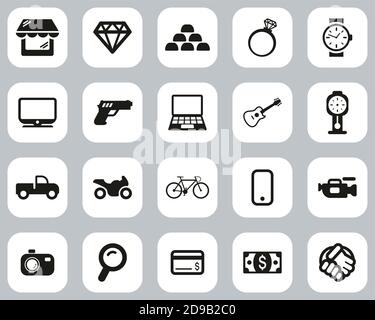Pawn Shop Or Thrift Store Icons Black & White Flat Design Set Big Stock Vector