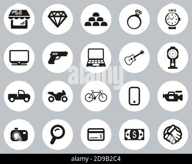 Pawn Shop Or Thrift Store Icons Black & White Flat Design Circle Set Big Stock Vector