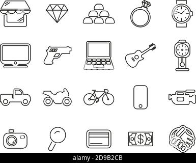 Pawn Shop Or Thrift Store Icons Black & White Thin Line Set Big Stock Vector