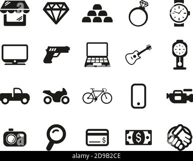 Pawn Shop Or Thrift Store Icons Black & White Set Big Stock Vector